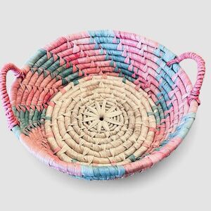 Southwest Western Handwoven Coil Basket Turquoise Aztec Pattern Tribal 9.5" Folk